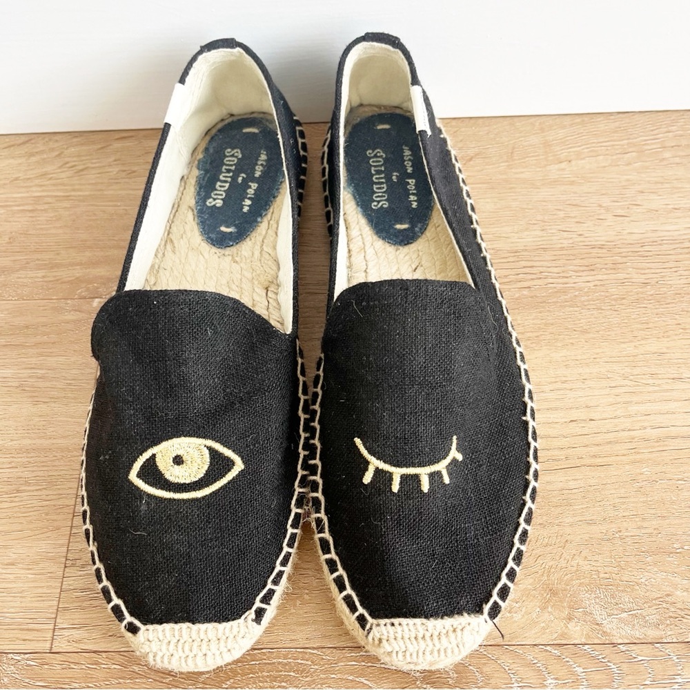 Soludos x Jason Polan Eye Wink Espadrilles Black Canvas Slip On Shoes Women’s 8 - Picture 2 of 6